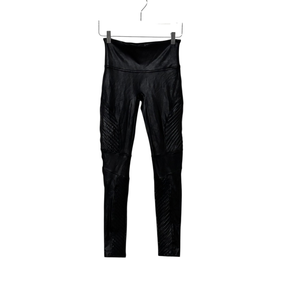 Spanx - Black Faux Leather Moto‎ Leggings Pants Textured Paneled High Rise - B2 - Picture 2 of 5